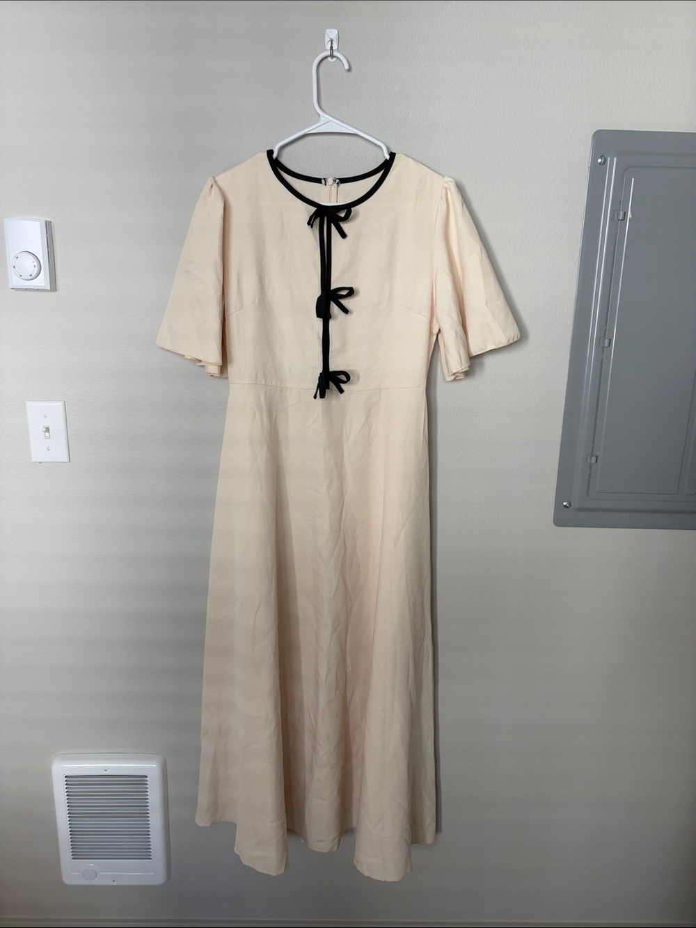 Classic Cream Midi Dress with Black Trim